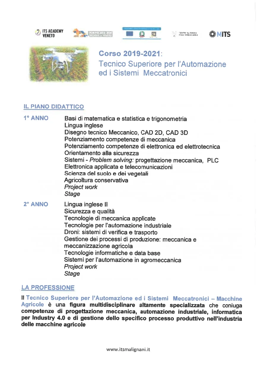 CORSO 2019-2021: TECNICO SUPERIORE PER L’AUTOMAZIONE ED I SISTEMI MECCATRONICI
