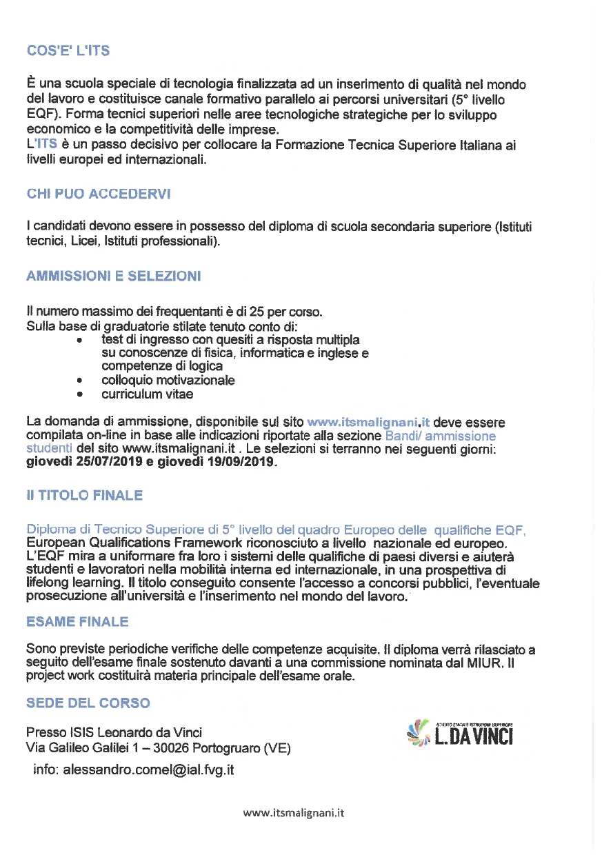 CORSO 2019-2021: TECNICO SUPERIORE PER L’AUTOMAZIONE ED I SISTEMI MECCATRONICI